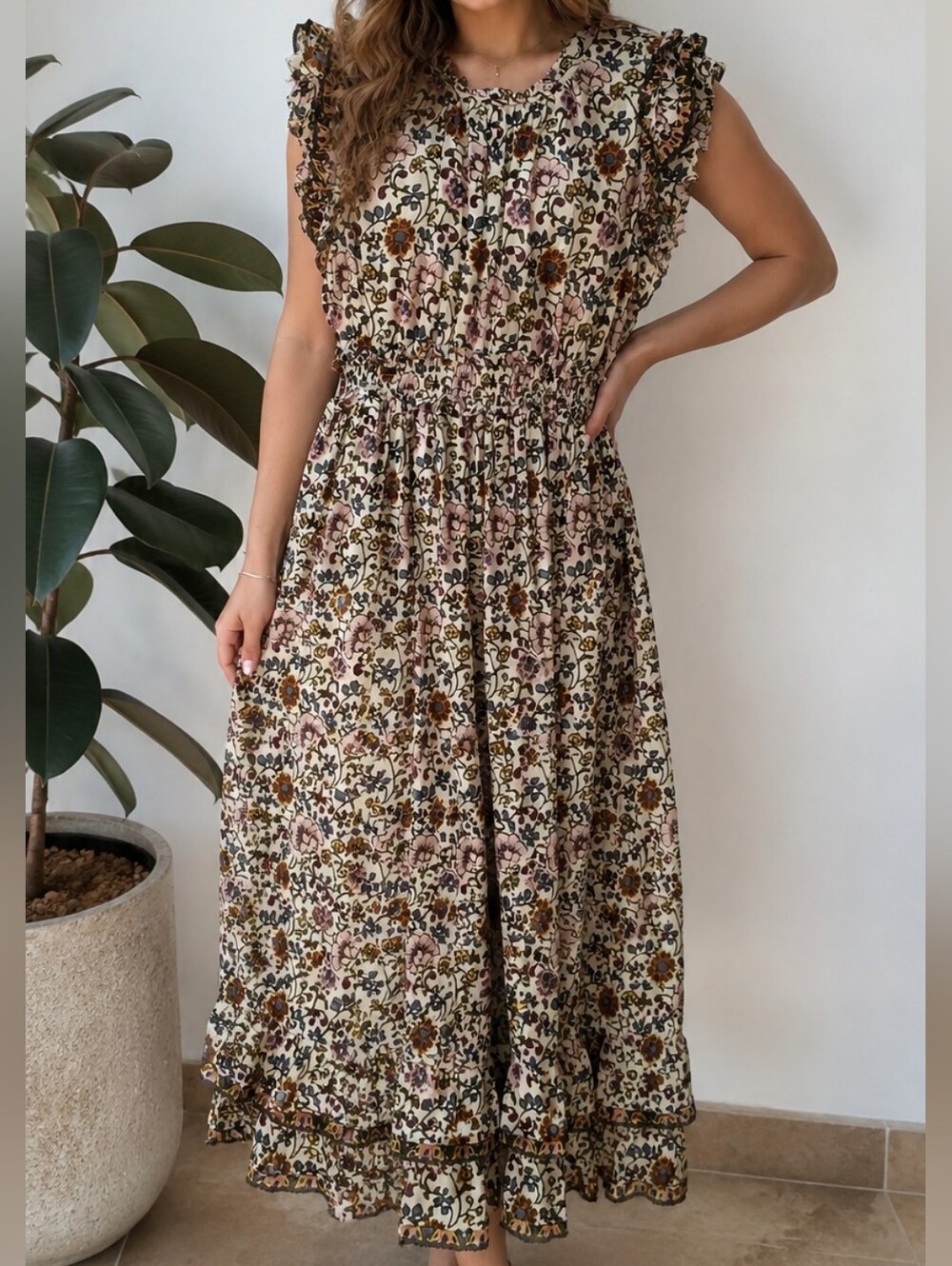West Of NWT Floral Ruffle-Sleeve Midi Dress in Cream and Pink Size L